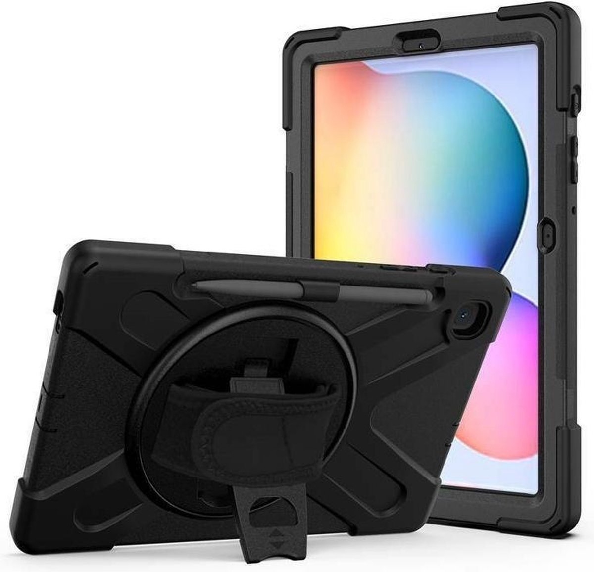 Tablet hoes geschikt voor Samsung Galaxy Tab S7 Plus - Hand Strap Armor Case Met Pencil Houder - Zwart
