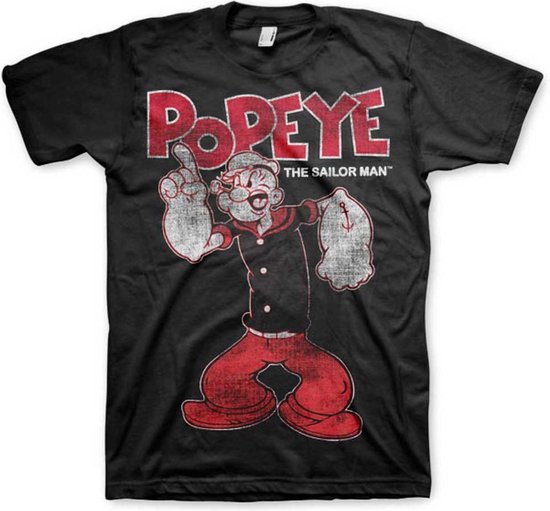 Popeye Heren Tshirt Distressed Sailor Man Zwart