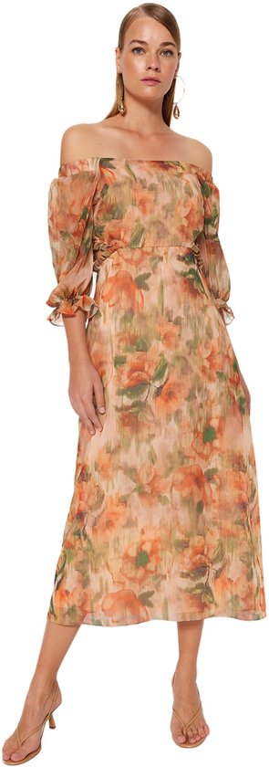 Robe droite à col Carmen à manches Ballon Trendyol