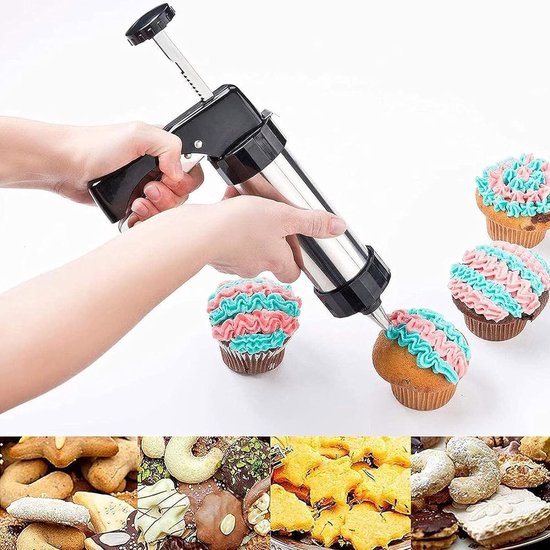 Bakpers, koekjespers, gebakspuit, koekjesspuit, roestvrij staal, bakaccessoires, bakaccessoires, bakspuit met 8 sjablonen en 8 taartdoppen