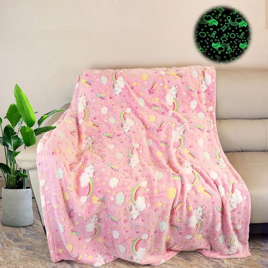 Knuffeldeken voor kinderen, eenhoorn-motief, gloeit in het donker, eenhoorncadeau voor meisjes, super zacht en warm, knuffelig en warm cadeau ( eenhoorn 06, 150 x 200 cm