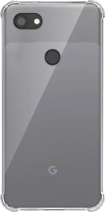 De achterkant van een smartphone in een doorzichtig hoesje.