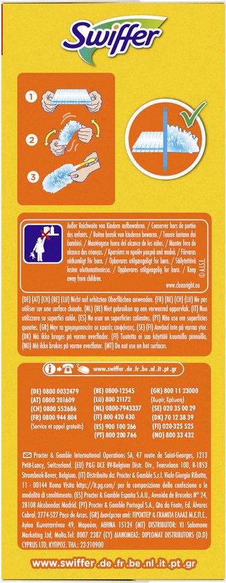 Arrière de l'emballage Swiffer avec instructions d'utilisation et avertissements.