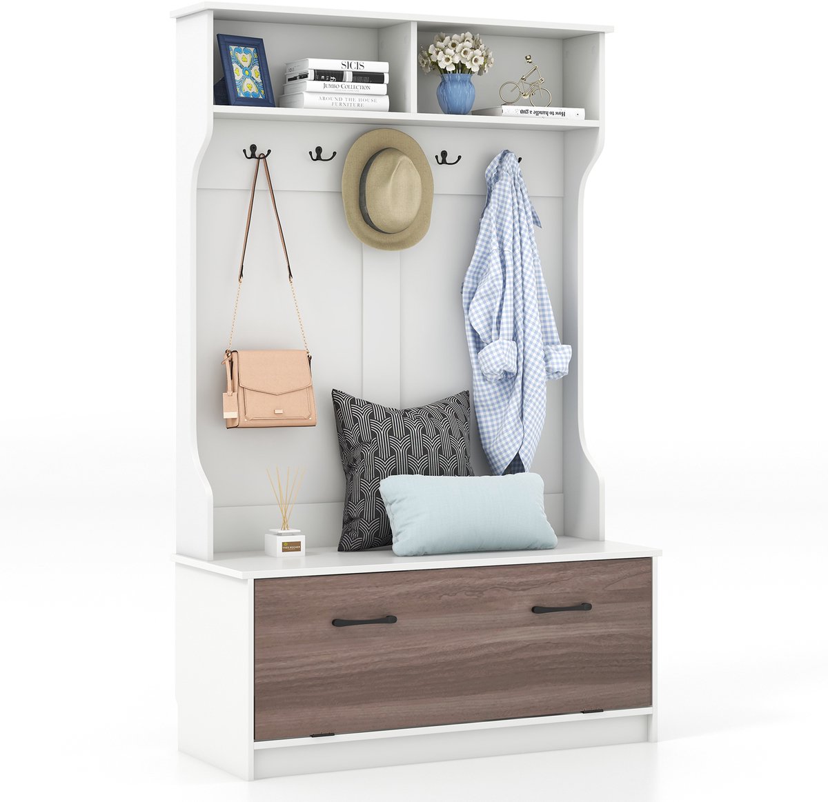 COSTWAY Kapstok met zitbank en 5 dubbele haken, garderobe met open vakken en schoenenkast, halgarderobe voor entree, slaapkamer, 100 x 40 x 160 cm