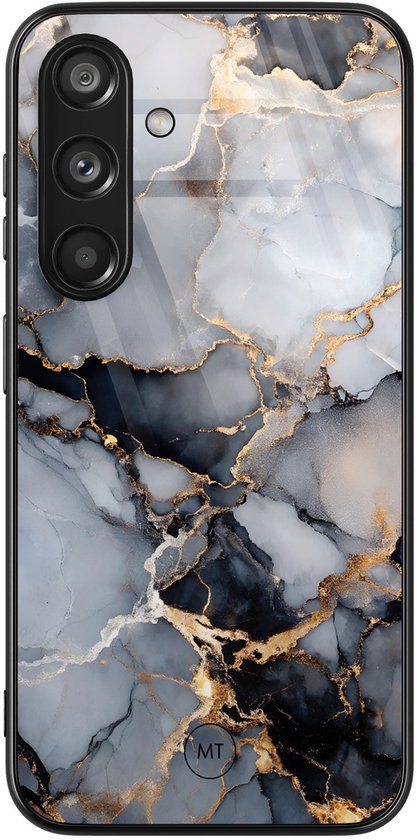 Coque rigide noire pour téléphone avec un motif marbre gris, noir et doré.