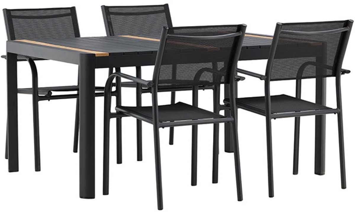 Moderne zwarte tuinmeubelset: eettafel met 4 stoelen.