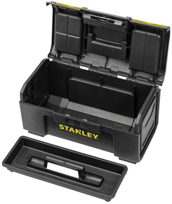 Zwarte Stanley gereedschapskoffer, open, met uitneembare lade.