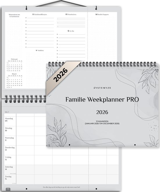 Systemyze Familieplanner Pro 2026 - Planner - Weekplanner - Gezinsplanner - Family Planner - 12 Maanden - Grijs