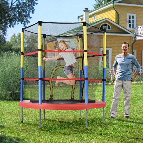 Kindertrampoline met basketbalmand, mini -trampoline voor binnen- en buiten, kindertrampoline voor verjaardag, Kerstmis, gewichtscapaciteit: 45 kg, totale grootte (H*L): 164x140 cm, rood/geel/blauw
