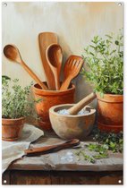 Tuinposter 80x120 cm - Tuindecoratie Potten - Kruiden - Hout - Poster voor in de tuin - Buiten decoratie - Schutting tuinschilderij - Tuindoek muurdecoratie - Wanddecoratie balkondoek