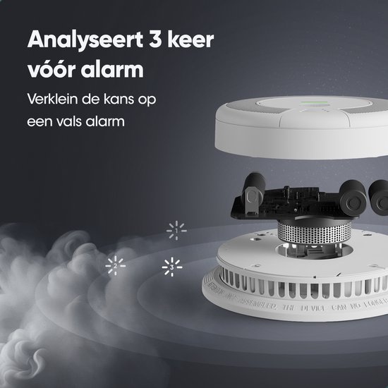 Gedemonteerde witte rook- en koolmonoxidemelder die de interne componenten en sensoren toont, met rook die eromheen zweeft.