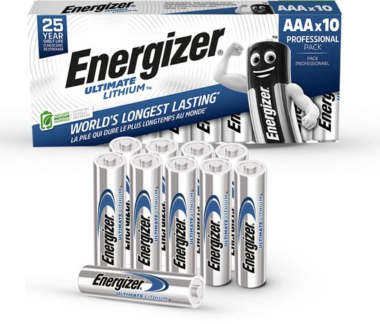 Verpakking van 10 Energizer Ultimate Lithium AAA-batterijen en vijf losse batterijen.