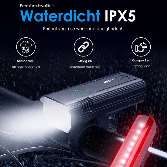 Vesfy Fietslampjes Set 1000 Lumen - USB Oplaadbare - Fietsverlichting Voor & Achter - Waterdicht IPX5 - LED Fietslamp — afbeelding 5