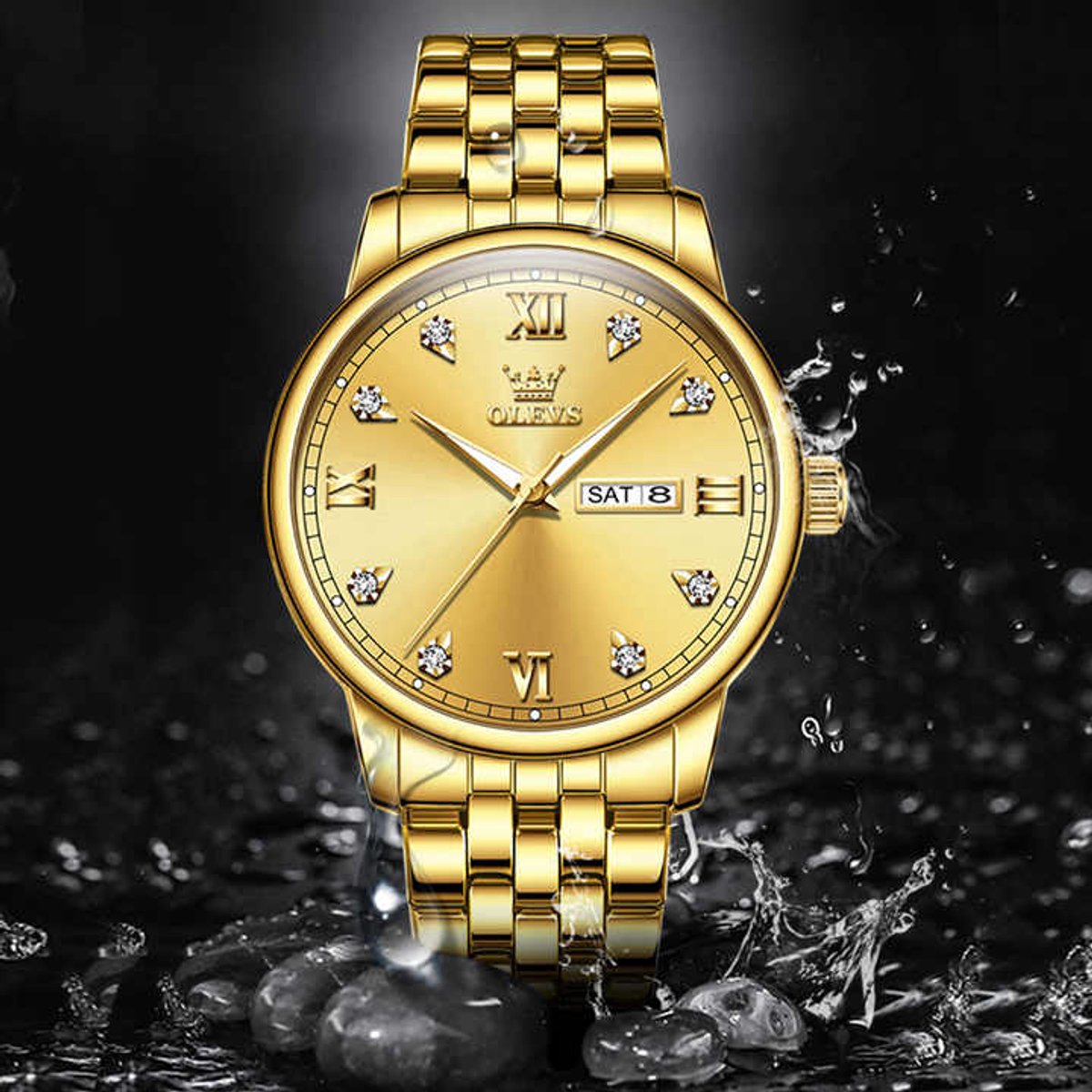 HO-5525.g : Olevs stijlvol goudkleurig edelstaal quartz horloge, weekdag datum