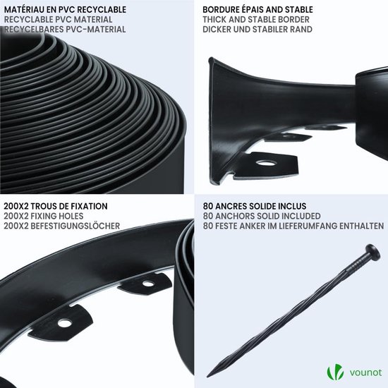 VOUNOT 10 M Flexibele Gazonrand, Kunststof Tuinrand Met Grijze Omtrekrand 30 Sterke Bevestigingspinnen Hoogte 5 Cm Zwart 2357056267