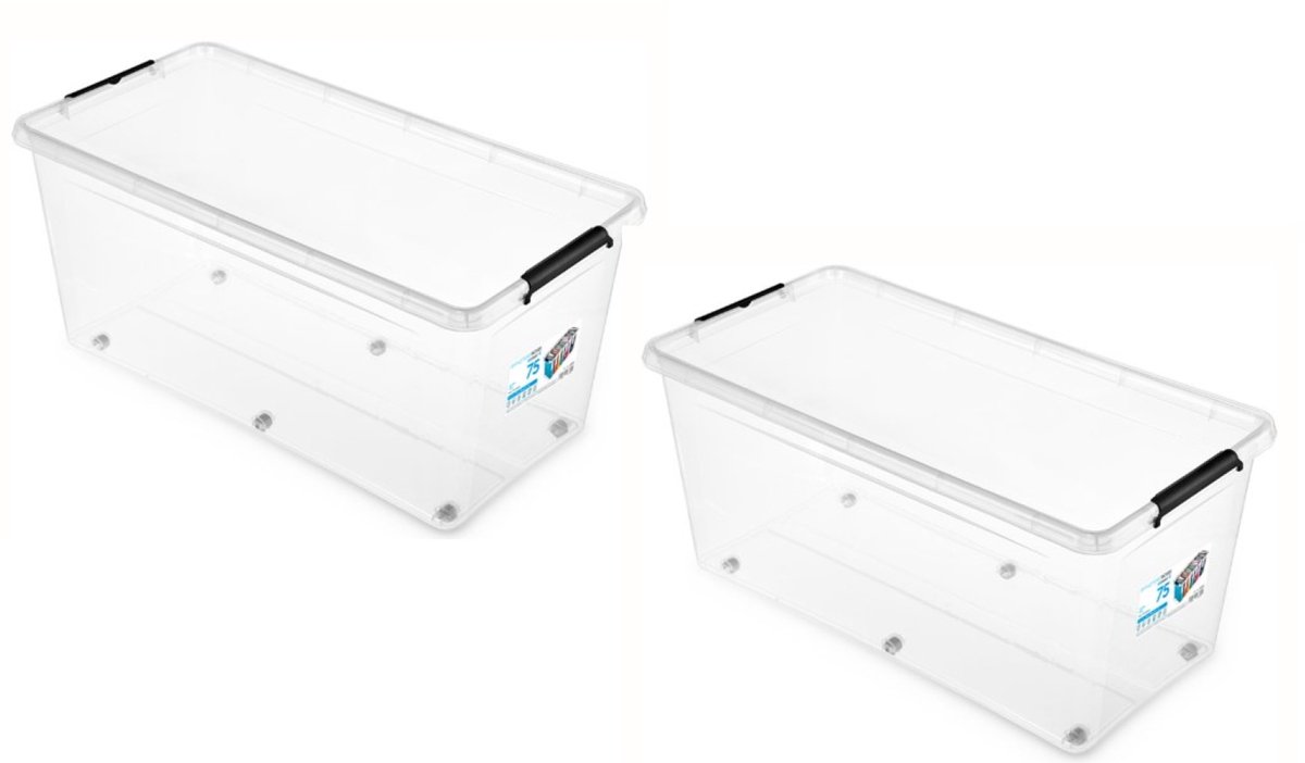 Sfree - Opbergbox met deksel -opbergdoos, wielen- Set van 2 - Transparant, XL 75L