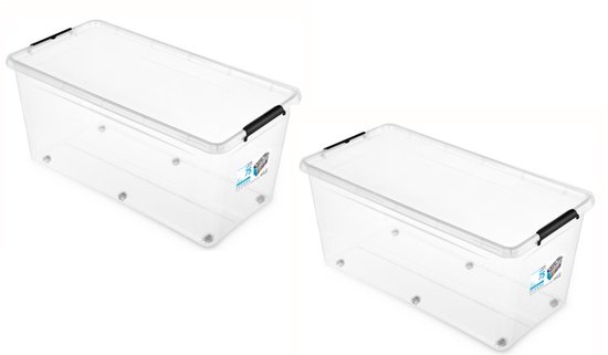 boîtes de rangement, Opbergbox avec couvercle, Boîte de rangement avec couvercle 70L, Boîtes de rangement en plastique à roulettes, boîte de rangement multifonctionnelle, Boîtes de rangement avec couvercle et clips, Set de 2, couleur transparente