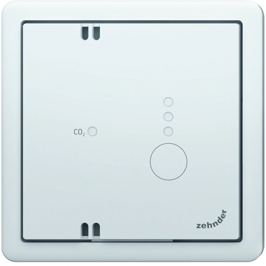 Zehnder CO2 sensor inbouw met afdekraam, wit. Met "CO2" symbool en bedieningsindicator.