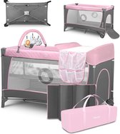 Lionelo Flower Campingbedje 2-in-1 – Reisbedje met 2 Matrasniveaus – Co-Sleeper – Inclusief Verschoontafel met Organizer – LockGuard – Zij-ingang met Rits – Speelboog met 3 Speeltjes – Wieltjes – Snel Inklapbaar – Transporttas