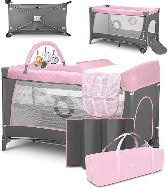 Lionelo Flower Campingbedje - 2in1 - Meegroeibed - Co-sleeper - LockGuard - draagtas - Reisbedje/Box - Praktische Zij-Ingang met Ritssluiting - Hoogwaardige Schuimmatras - Snel Opvouwsysteem - Multifunctionele Box en Reiswieg
