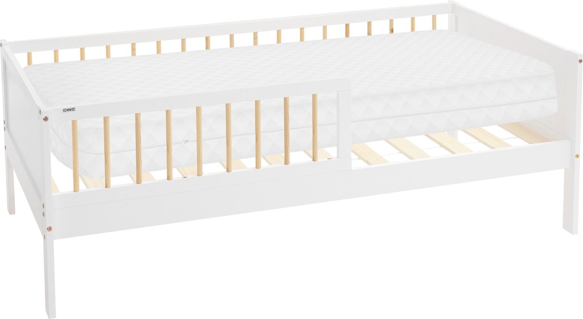 ml-design naturel serie kinderbed 80x160 cm wit naturel met matras lattenbodem en uitvalbeveiliging massief grenen houten eenpersoonsbed voor meisjes en jongens stevig speelbed peuterbed en juniorbed met vloerbedconstructie voor extra veiligheid