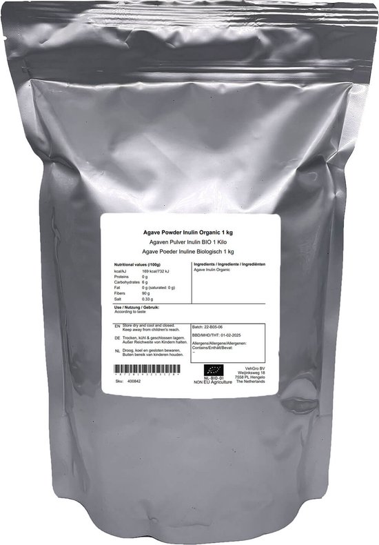 Zilverkleurige zak van 1 kg Agave poeder inuline BIO.