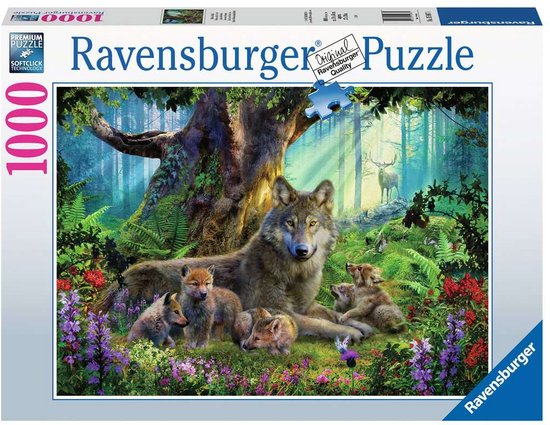 Ravensburger 1000-delige puzzeldoos met afbeelding van een wolf met welpen in een bos.