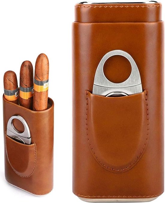 Etui à cigares pour 3 cigares - étui à cigares en cuir avec coupe-cigare - acier inoxydable - cave à cigares tubulaire - cave à cigares portable pour voyage - marron.