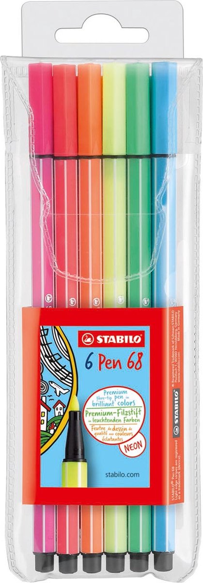 Viltstift stabilo 68 etui 6st fluor ass - 10 stuks