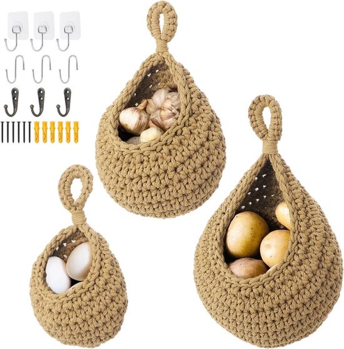 Hangende fruitmand - geweven druppelvormige opbergmand voor keuken - 3 stuks (bruin)