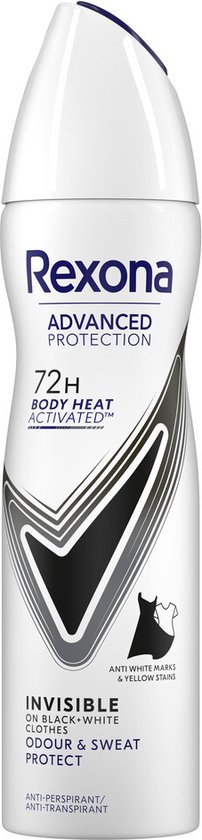 Rexona Advanced Protection 'Invisible' deodorant met zwarte en witte accenten, 72h body heat activated.