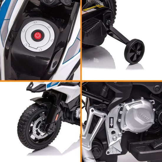 Vier details van een witte en zwarte politiemotor: een rode drukknop, een zijwieltje, het voorwiel en een motoronderdeel met BMW logo.