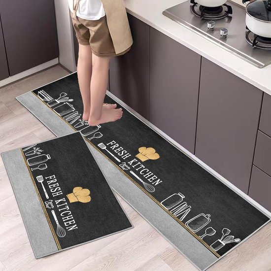 Tapis de cuisine Goodivery ®, 2 pièces, tapis de cuisine, lavable, ustensiles de cuisine, motif, tapis de cuisine, antidérapant, pour cuisine, salle à manger, 40 x 120 cm + 40 x 60 cm (toque de chef)