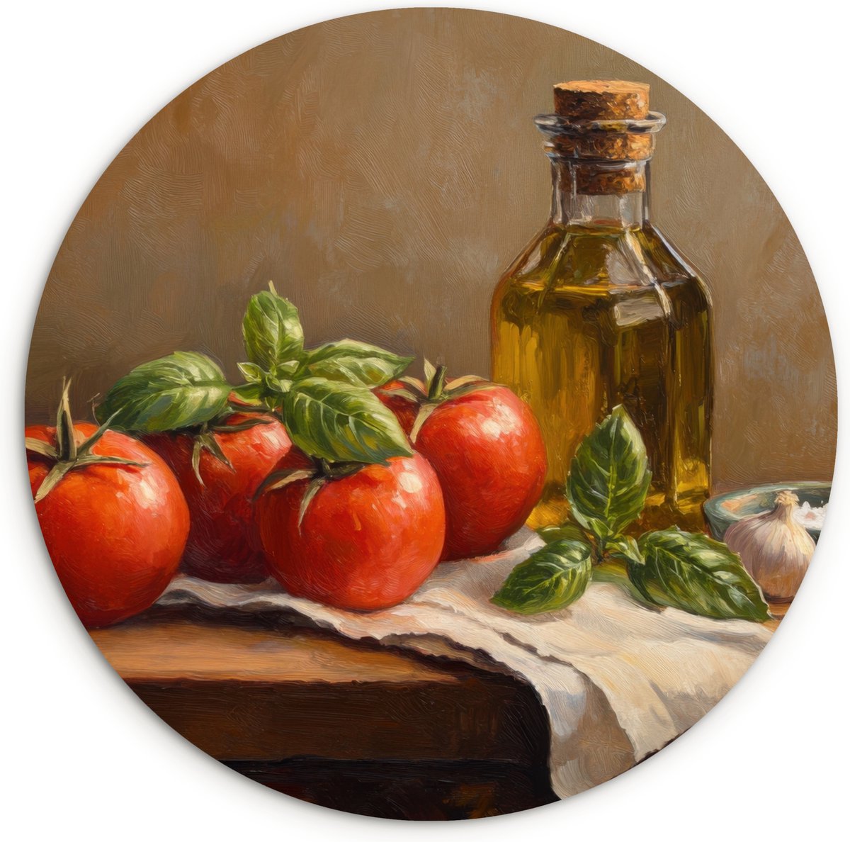 WallCircle Wandcirkel 120x120 cm - Muurcirkel Tomaten - Olijfolie - Stilleven - Muurdecoratie woonkamer - Wanddecoratie slaapkamer - Kamer decoratie accessoires - Ronde schilderijen Tomaten - Stilleven