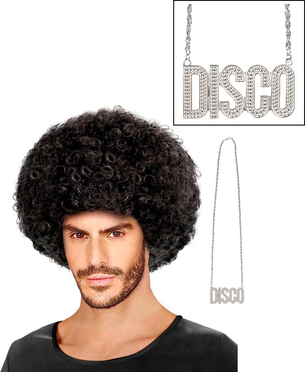Atosa Carnaval verkleedset Seventies/disco danser - afropruik zwart / tekst ketting - heren/dames