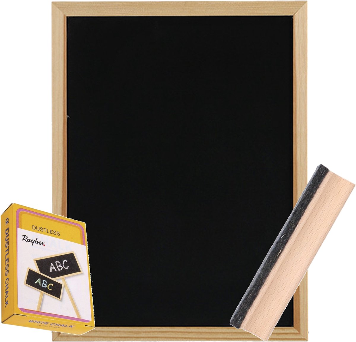 Zeller Krijtbord/schoolbord met 12x witte krijtjes en bordenwisser - 30 x 40 cm - hout