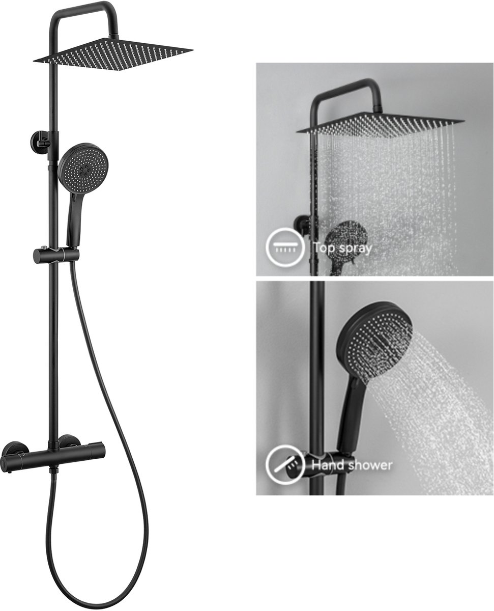 DERW max Regendouche met Thermostaatkraan - Zwart Douchesysteem - 12 inch Douchekop - met 5-functie handdouche - Doucheset - Waterbesparend - Mat Zwart