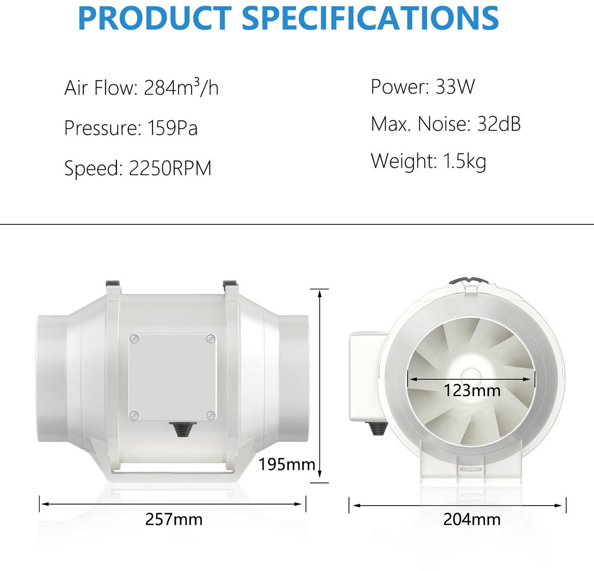Hon&Guan Rohrventilator 125mm Leise Inline-Kanalventilator Rohrlüfter