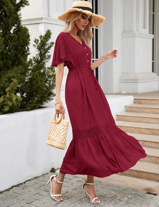 Cupshe Zomerjurk voor dames, boho maxi-jurk, vetersluiting, kwastjes, V-hals, uitlopende ruches, strandjurken, Wit, XL