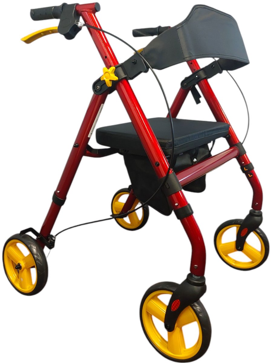 Premis Bear lichtgewicht rollator - Inclusief stokhouder, rugband en zachte zitting - Diep Rood met oranje wielen