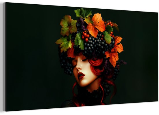 Aluminium schilderij 120x60 cm - Wanddecoratie metaal - Vrouw - Rood - Groen - Druiven - Metalen muurdecoratie woonkamer - Decoratie industrieel - Foto op dibond - Industriële accessoires slaapkamer