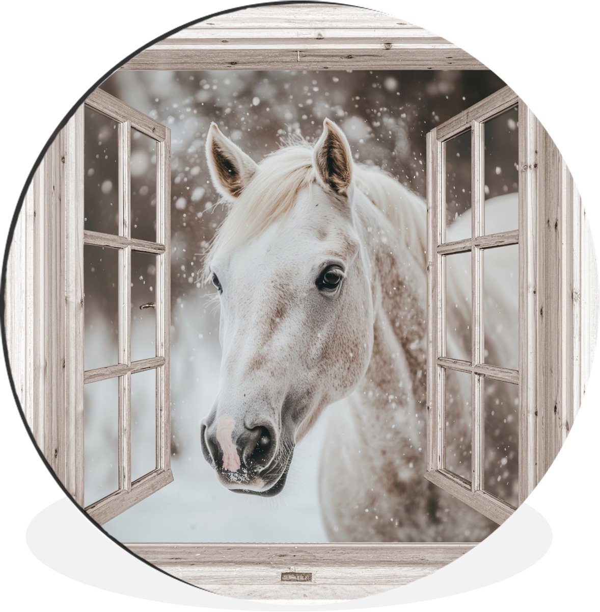 WallCircle Wandcirkel - Muurcirkel - Paard - Wit - Winter - Sneeuw - Doorkijk - Dieren - Aluminium - Dibond - 90x90 cm - Binnen en Buiten