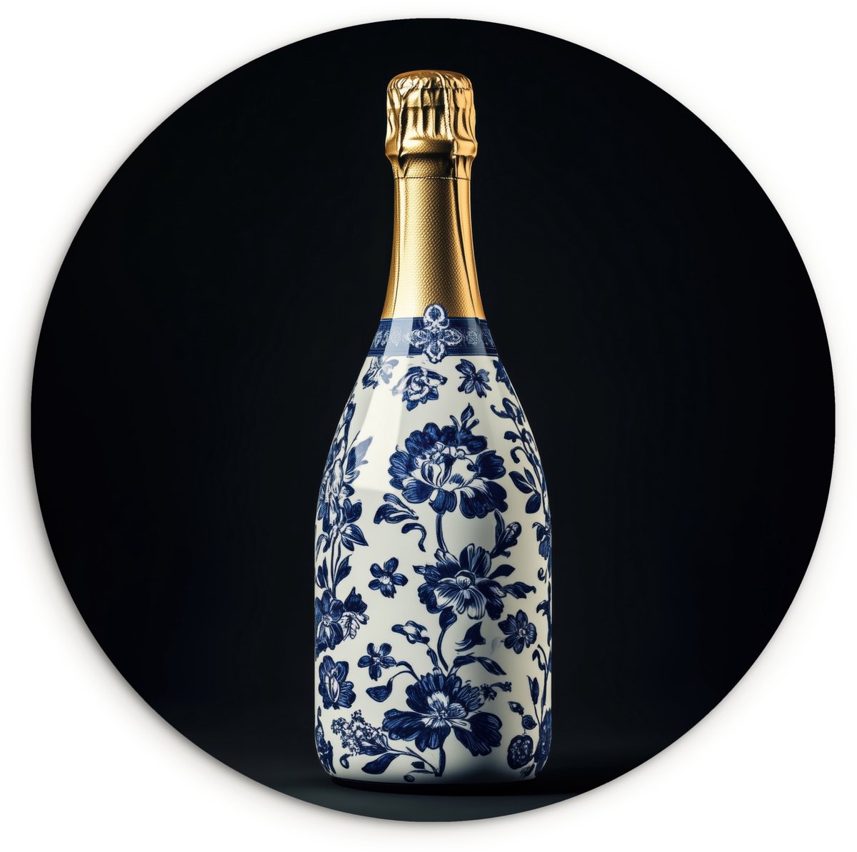 WallCircle Wandcirkel 30x30 cm - Muurcirkel Champagne - Bloemen - Goud - Chique - Muurdecoratie woonkamer - Wanddecoratie slaapkamer - Kamer decoratie accessoires - Ronde schilderijen Champagne - Delftsblauw