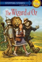 Dorothy met haar hond Toto, de Blikken Man, de Leeuw en de Vogelschrik op de gele stenen weg in The Wizard of Oz. "STEPPING STONES CLASSIC a chapter book"