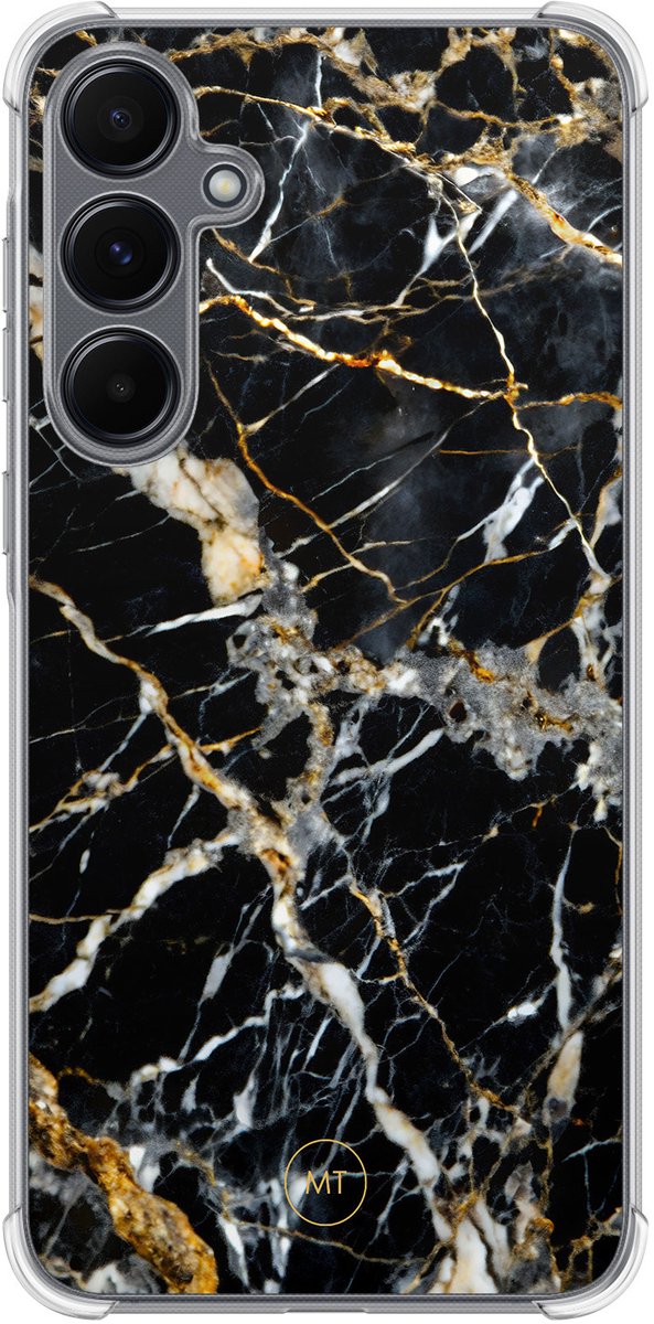Hoesje (shockproof) geschikt voor Samsung Galaxy A55 - Black marble elegance - Extra sterke case - TPU/polycarbonaat - Marmer - Zwart, Transparant