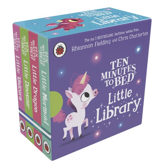 Doos met 'Ten Minutes to Bed: Little Library' boeken, met illustraties van eenhoorn, draak, dinosaurus, zeemeermin en een draakje.