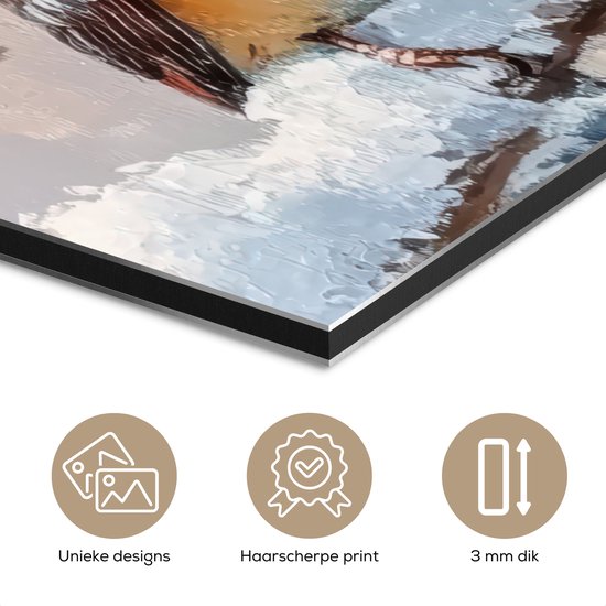 Aluminium schilderij 160x120 cm - Wanddecoratie metaal - Vogels - Tak - Winter - Sneeuw - Metalen muurdecoratie woonkamer - Decoratie industrieel - Foto op dibond - Industriële accessoires slaapkamer