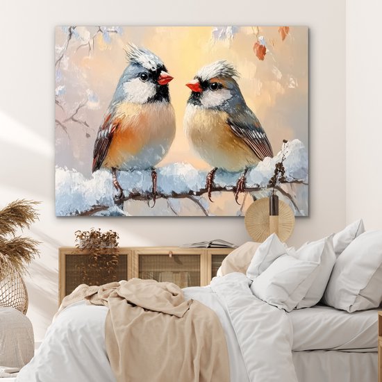 Aluminium schilderij 160x120 cm - Wanddecoratie metaal - Vogels - Tak - Winter - Sneeuw - Metalen muurdecoratie woonkamer - Decoratie industrieel - Foto op dibond - Industriële accessoires slaapkamer