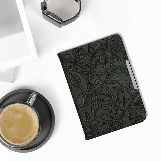 kwmobile e-reader hoesje geschikt voor Kobo Clara BW / Colour hoes - E reader flip case met magneetsluiting - Ereader cover - Bloemen in reliëf design in groen van Merkloos — afbeelding 4