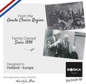 Photos en noir et blanc d'une fromagerie et de deux hommes avec un garçon, avec le texte 'From the Gouda Cheese Region'.